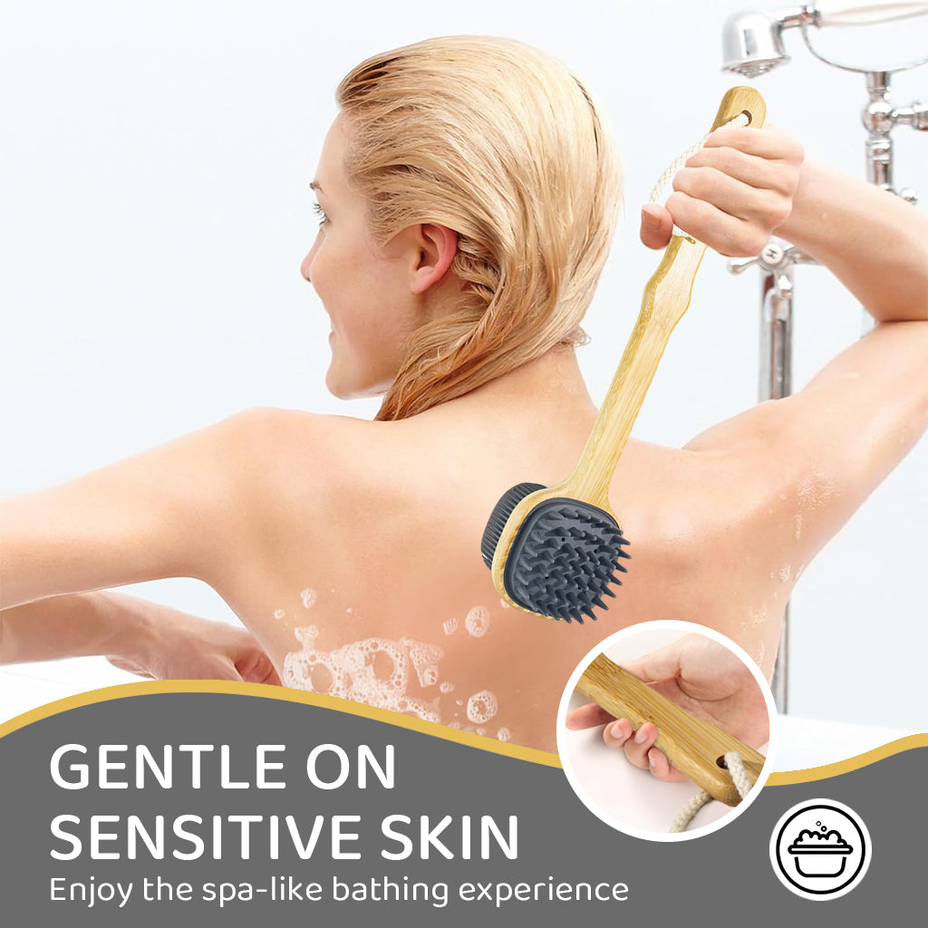 MAYCREATE Bath Brush 12.8 Inches Double Sided Silicone Body Massager Brush Back Scrubber Brush Wooden Handle Body Exfoliation Bathing Brush MAYCREATE Bath Brush 12.8 Inches Double Sided Silicone Body Massager Brush Back Scrubber Brush Wooden Handle Body Exfoliation Bathing Brush